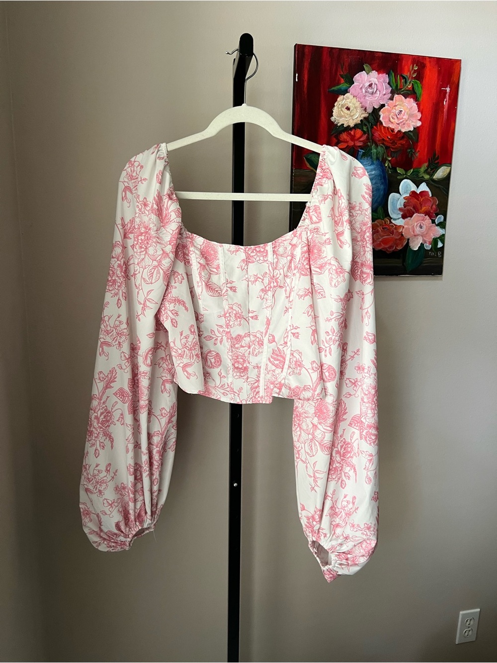 Cider White and Pink Floral Peasant Blouse